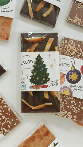 28LOTS, Weihnachtstafel Dunkle Schokolade mit hausgemachter kandierter Orange,  85 g